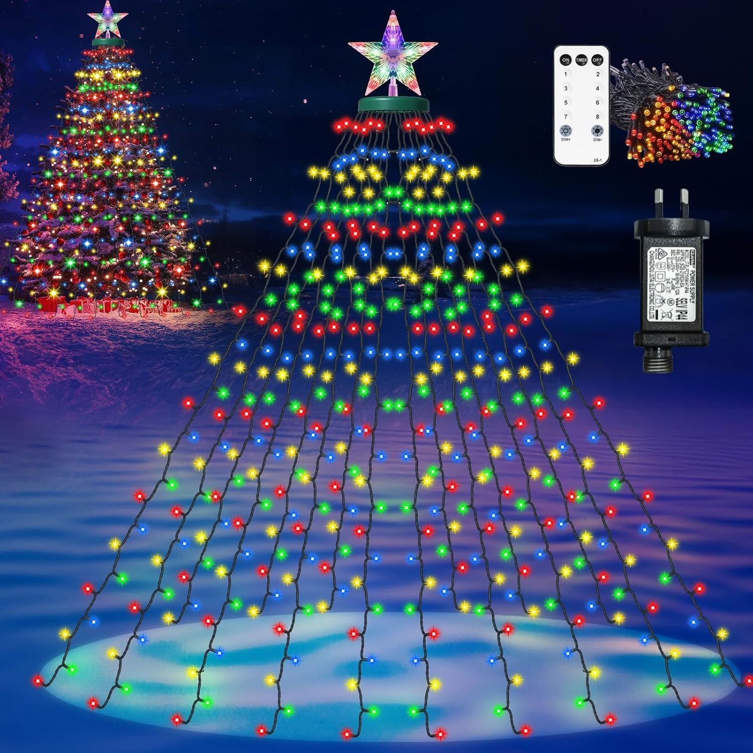 Christmas Tree Lights with Ring, 410 LED Twinkle Christmas Tree Lights with 8 Dynamic Modes, 2M X 16 Cascading String Light with Timer Waterproof for Indoor Xmas Decorations, Multicolor image number 1