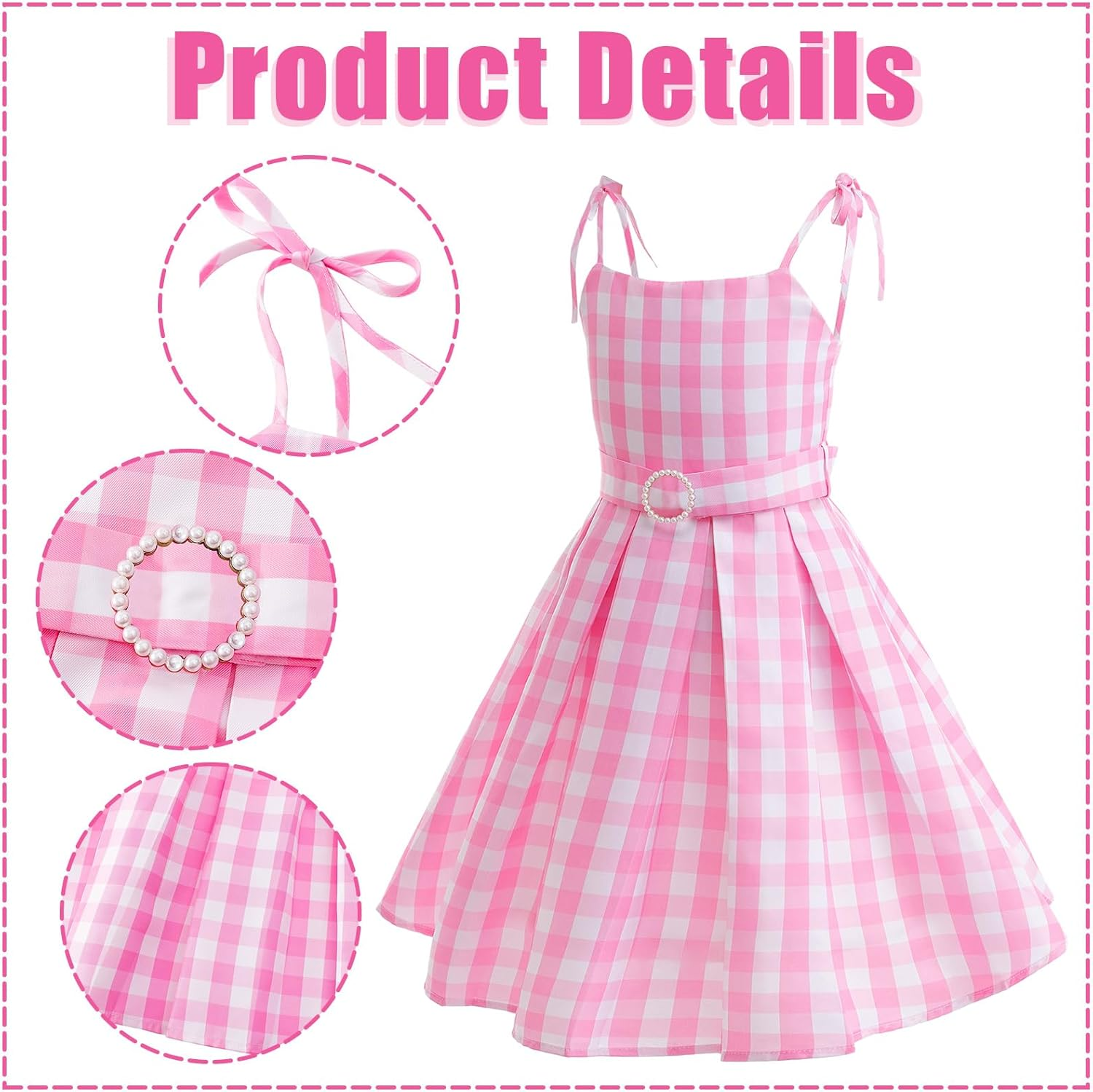 Girls Princess Dress Up,Pink Plaid Dress Pink Costume,Fancy Dress Pink Outfit for Book Week Day Halloween Birthday Party Dress up Ball Gown Halloween Costumes for Kids image number 3