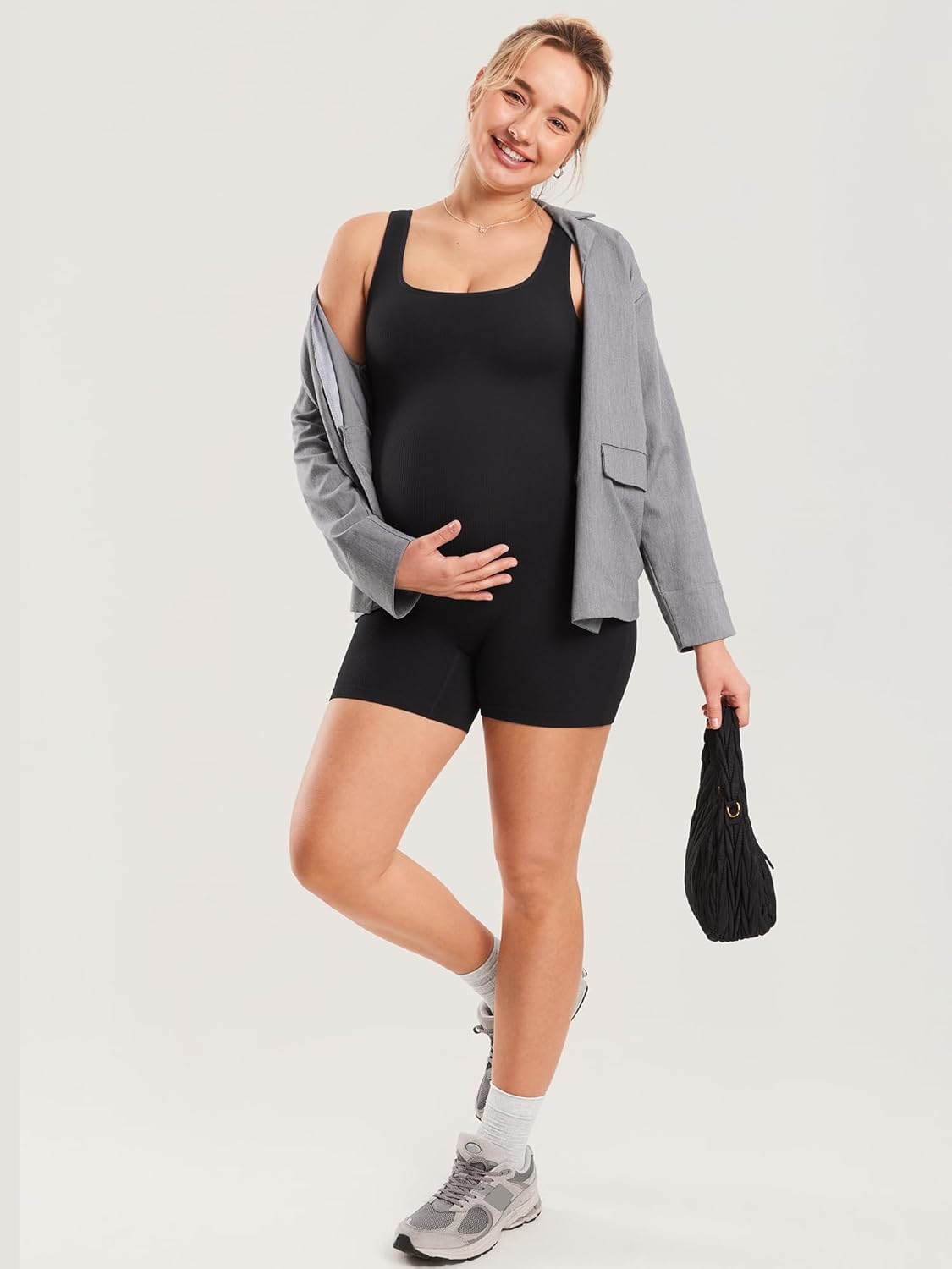 MOMANDA Women'S Maternity Bodysuit Ribbed Sleeveless Shorts Jumpsuit Square Neck Tank Top Romper for Pregnancy image number 4