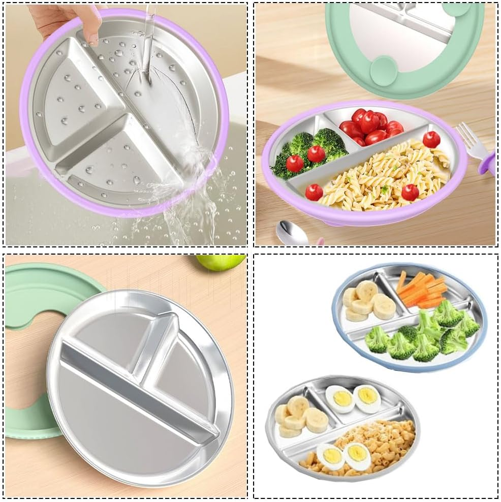2 Pack Stainless Steel Plates,9" Divided Plates with Removable Silicone Suction,Non Toxic Non Slip Portion Control Snack Dishes,Non-Toxic Non-Slip Unbreakable Dishwasher Safe Dinnerware (Purple Green) image number 3