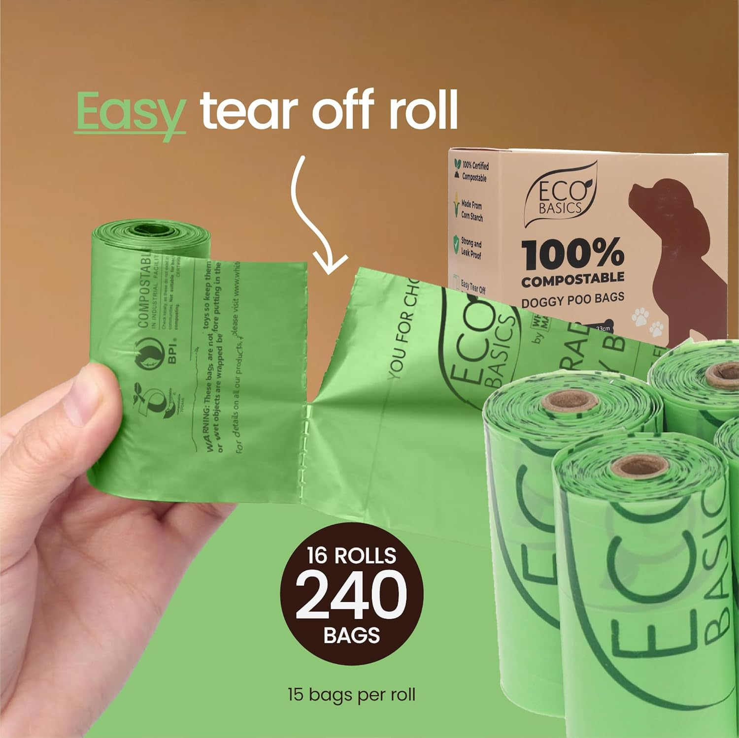 Eco Basics 100% Compostable Dog Poo Bags, 16 Rolls 240 Count, OK Compost Certified Thick Leak Proof Dog Waste Poo Bags 22 X 33 Cm, Unscented Doggy Poop Bag image number 1
