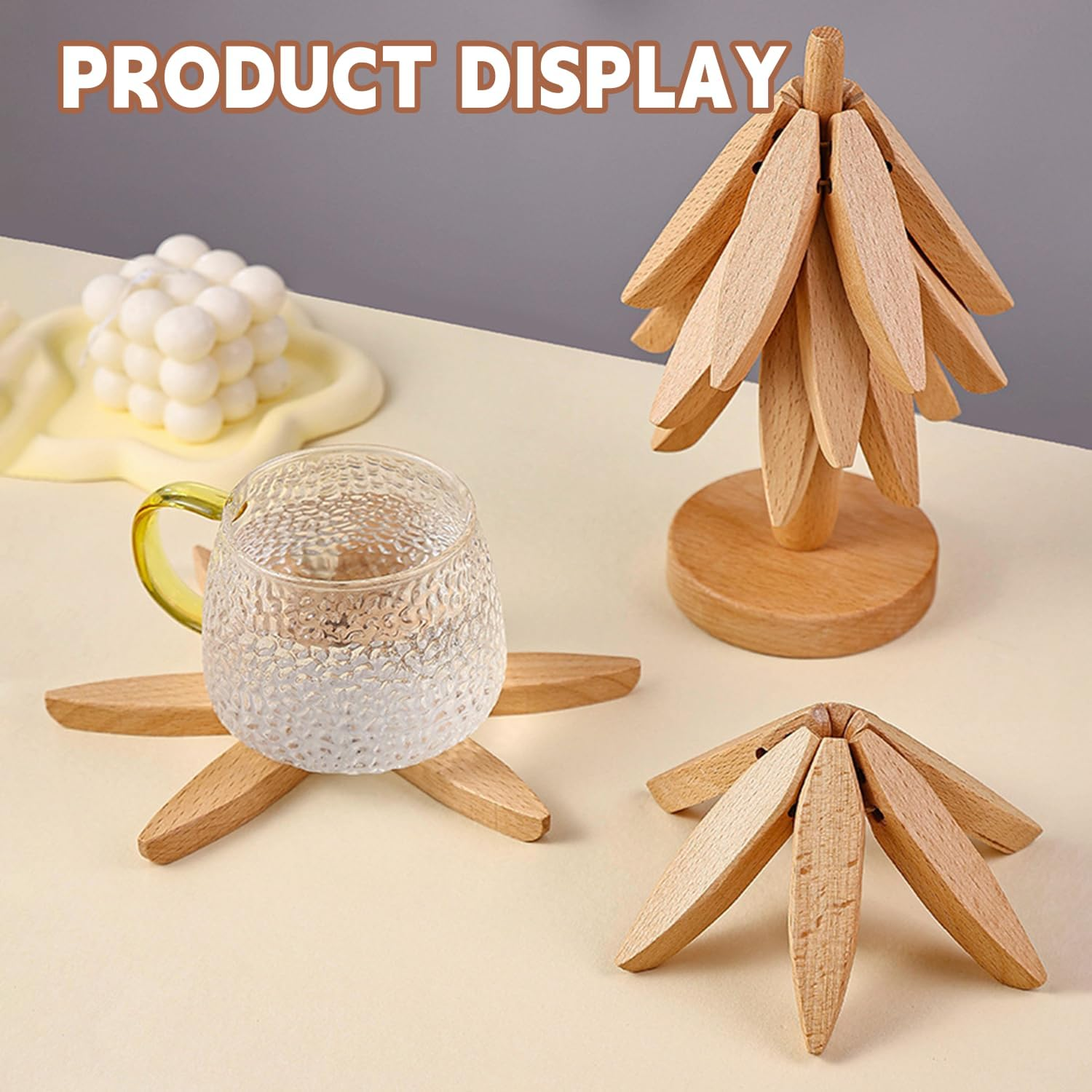 Wooden Trivets for Hot Dishes - Tree Shape Set with 4 Trivets + 1 Stand, Stored like a Christmas Tree (Walnut Wood)