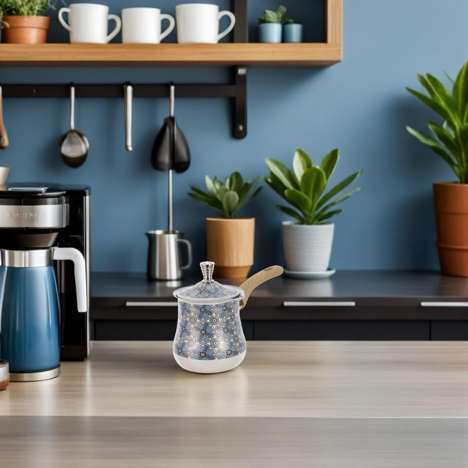 BIUDECO Stainless Steel Turkish Coffee Maker 720Ml with Wooden Handle &ndash; Small Saucepan for Milk Frothing, Butter and Chocolate Melting &ndash; Metal Cezve Pot for Stove and Espresso Brewing