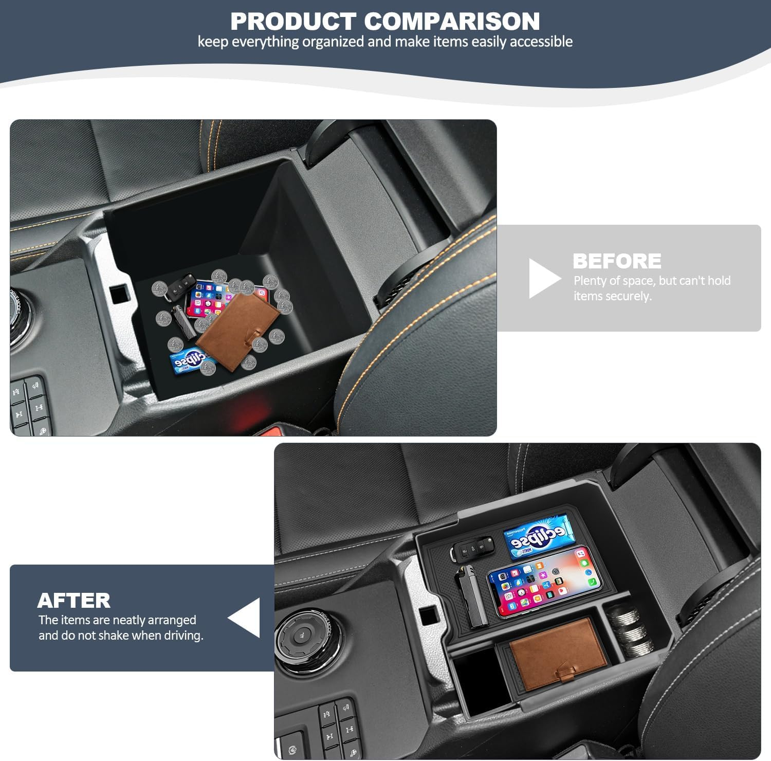 For 2024-2025 Ford Ranger Center Console Organizer, for 2024-2025 Ford Ranger Raptor Armrest Storage Box Insert Holder (Electric Handbrake Version) image number 4