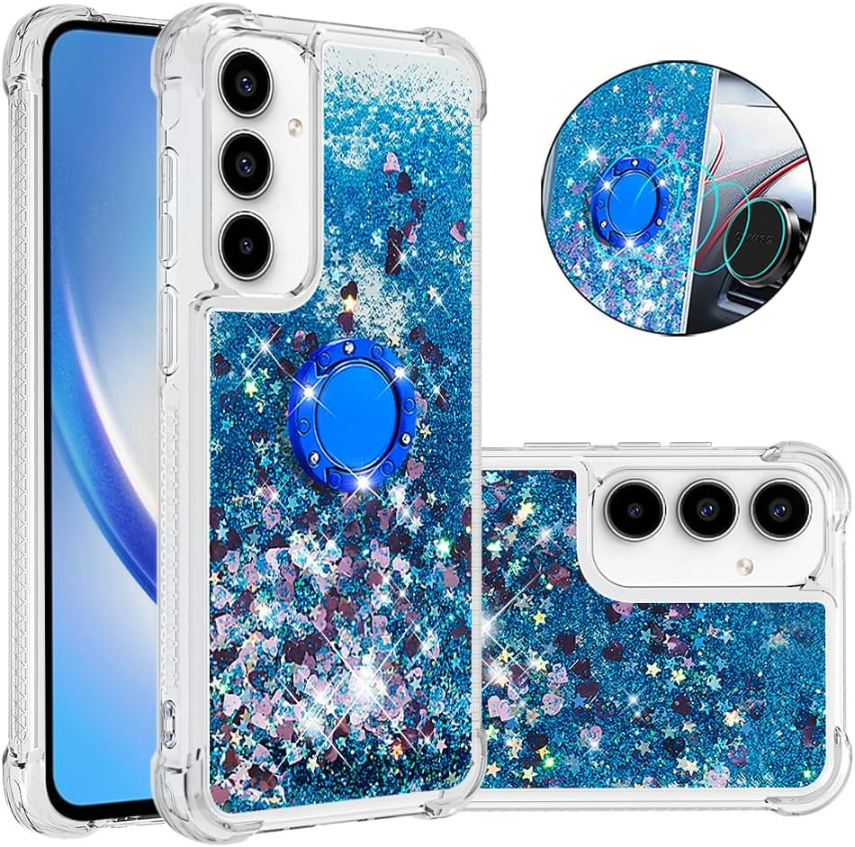 QIWEIQING Case for Samsung Galaxy A55 5G Protective Case with Liquid Glitter, Mobile Phone Case with Glitter Liquid, TPU Silicone with Ring Stand Protective Case for Samsung A55 5G. Blue YBH image number 1