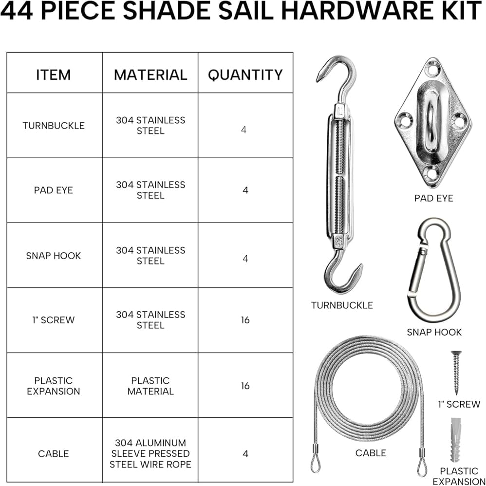 Sun Shade Sail Hardware Kit with Cable Wire Rope for Rectangle Square Triangle Shade Sail Installation, 304 Grade Stainless for Garden,Outdoors,Diy Crafts,Heavy Duty Awning Attachment Set image number 2