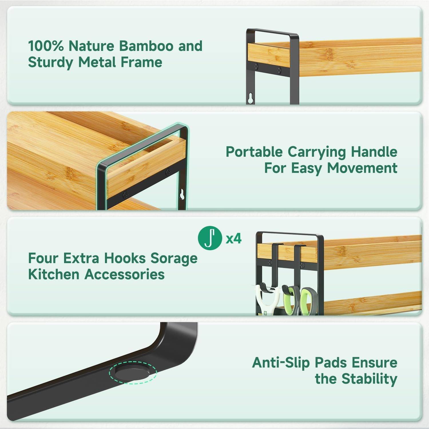 Esluker.Ly Spice Seasoning Rack Organizer Kitchen Countertop, 4 Tier Bamboo Spice Shelf Holder Storage with 4 Hooks, Wall Mounted Freestanding Stand for Pantry, Quick Spice Access(Jars Not Included) image number 1