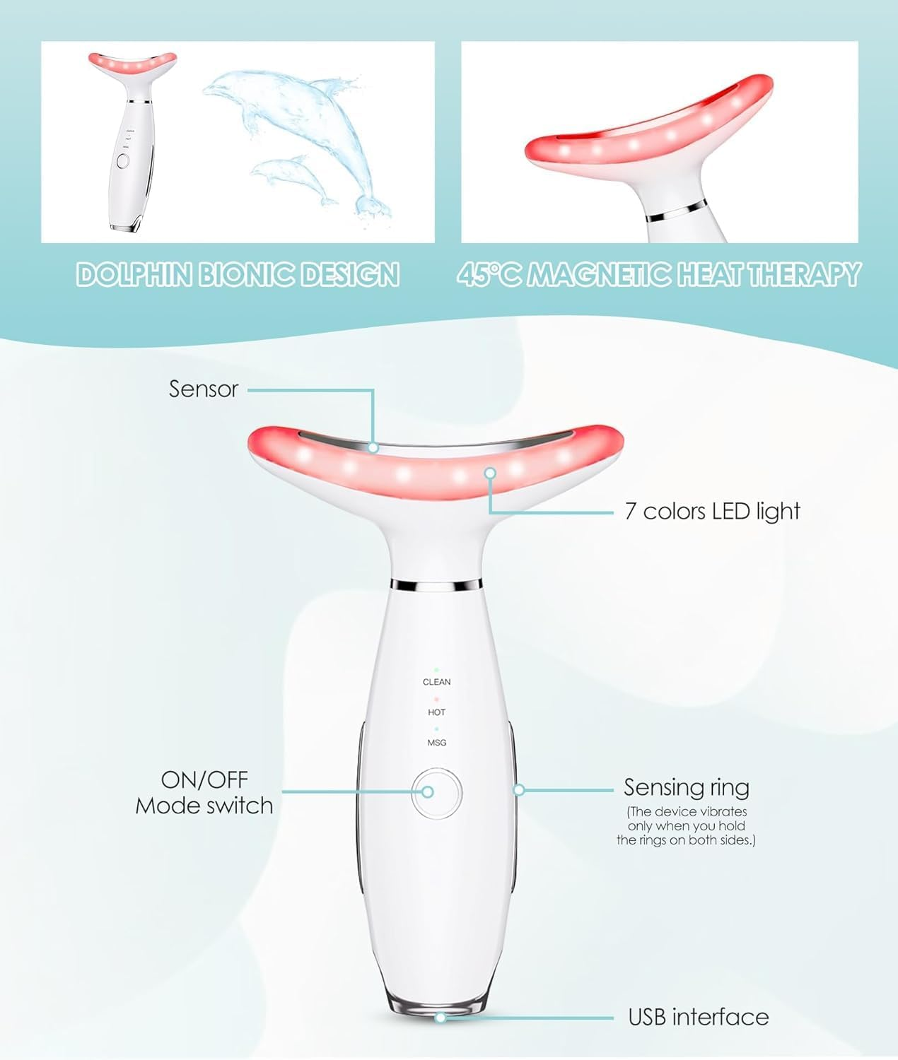 7 Color Neck Face Massager - Facial Massager Tool for Skin Care at Home, Vibrating Face Massager with Thermals, Galvanic Machines White image number 5