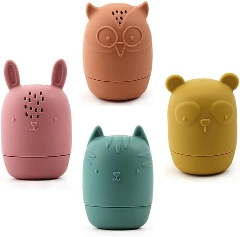 Set of 4 Silicone Anti-Mold Baby Bath Toys- Animal Themed Easy Clean Pull Apart Bathtub Toys (Warm Tones)