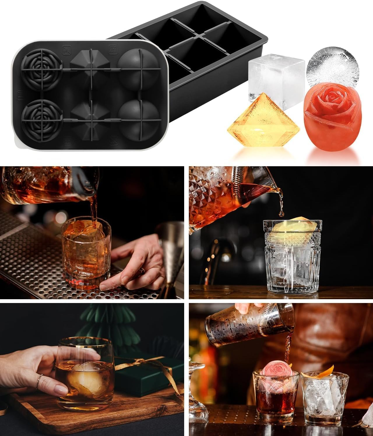 Silicone Ice Cube Trays,Set of 2 Large Ice Cube Molds,Makes 6 Large Square Silicone Molds,2 Circle Round,2 Rose & 2 Diamond Ice Molds, Silicone Fun Ice Maker for Whiskey,Cocktails & DIY, BPA Free