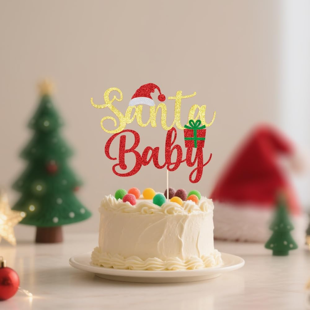 Merry Christmas Cake Topper, Happy New Year Party Cake Decorations, Children'S Christmas Theme Party Cake Decorations Supplies (BABY) - Christmas Tree-Red Green image number 3