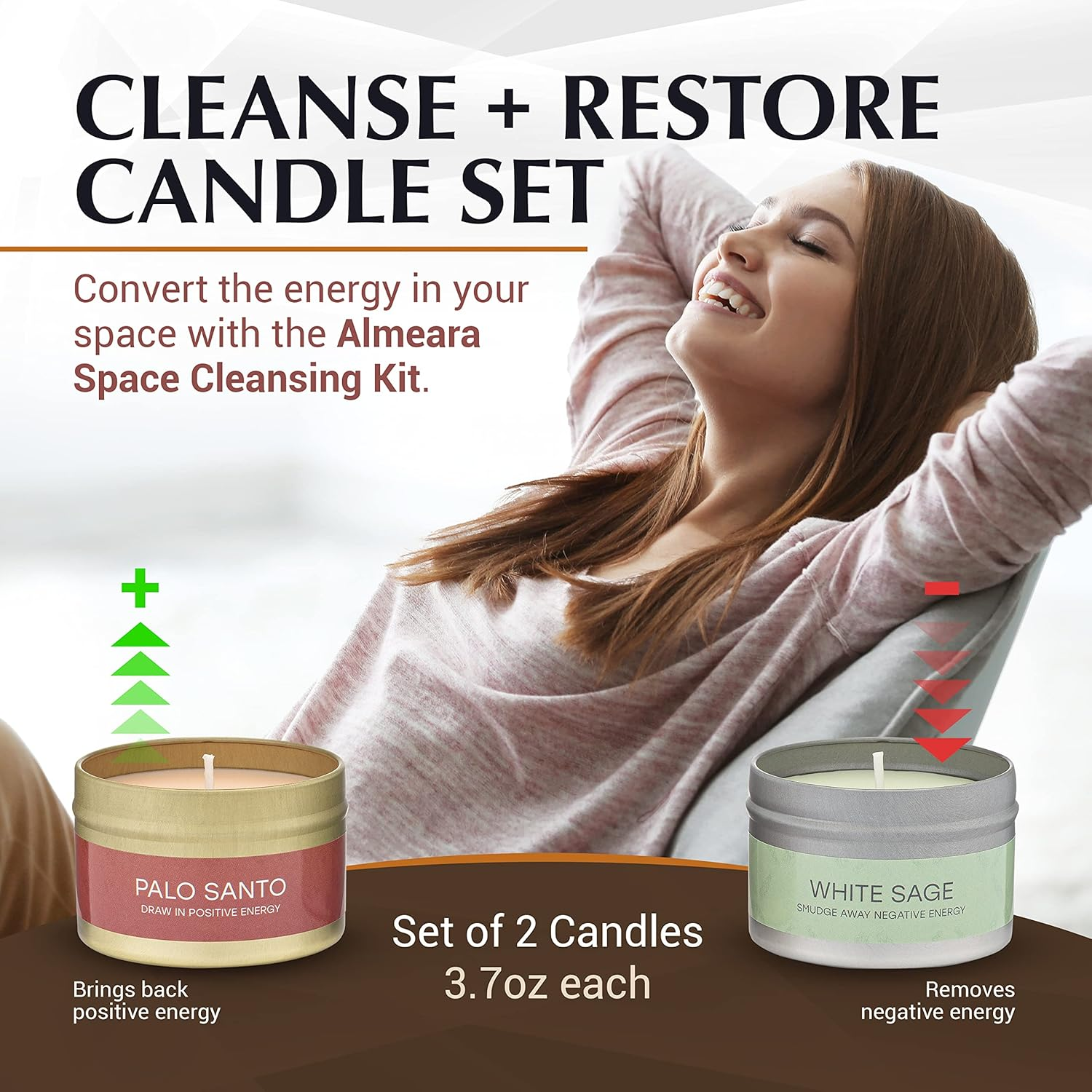 Almeara Space Cleansing Kit Sage Candle and Palo Santo Candle Set 3.7Oz Each - 100% Soy Wax Candles with Concentrated Essential Oil - Cleanse Negative Energy - Restore Positive Vibrations image number 2