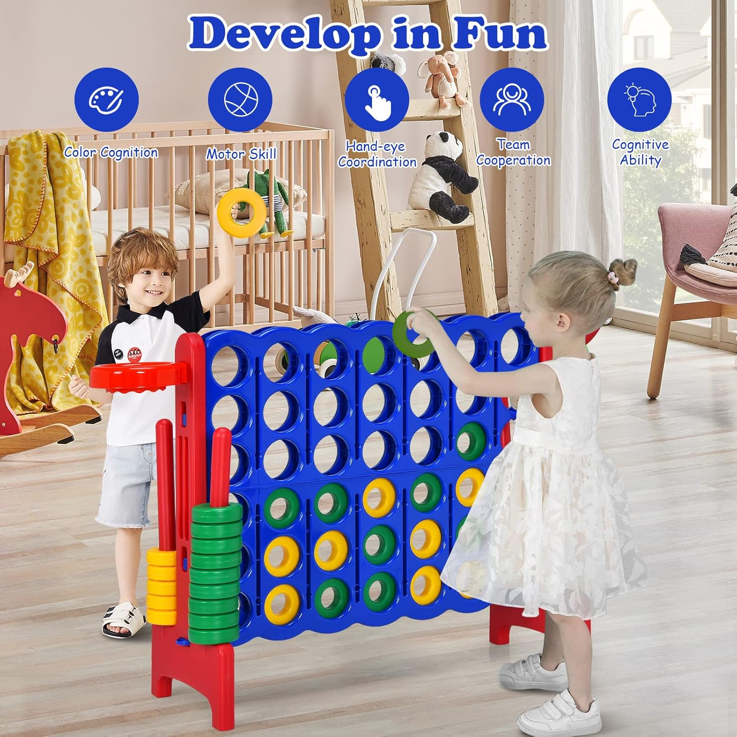 Costway Giant 4-In-A Row, Jumbo 4-To-Score Giant Game Set for Kids & Adults, Indoor Outdoor Family Connect Game W/Basketball Hoop, Ring Game, 42 Jumbo Rings, Quick-Release Slider (Red) image number 5