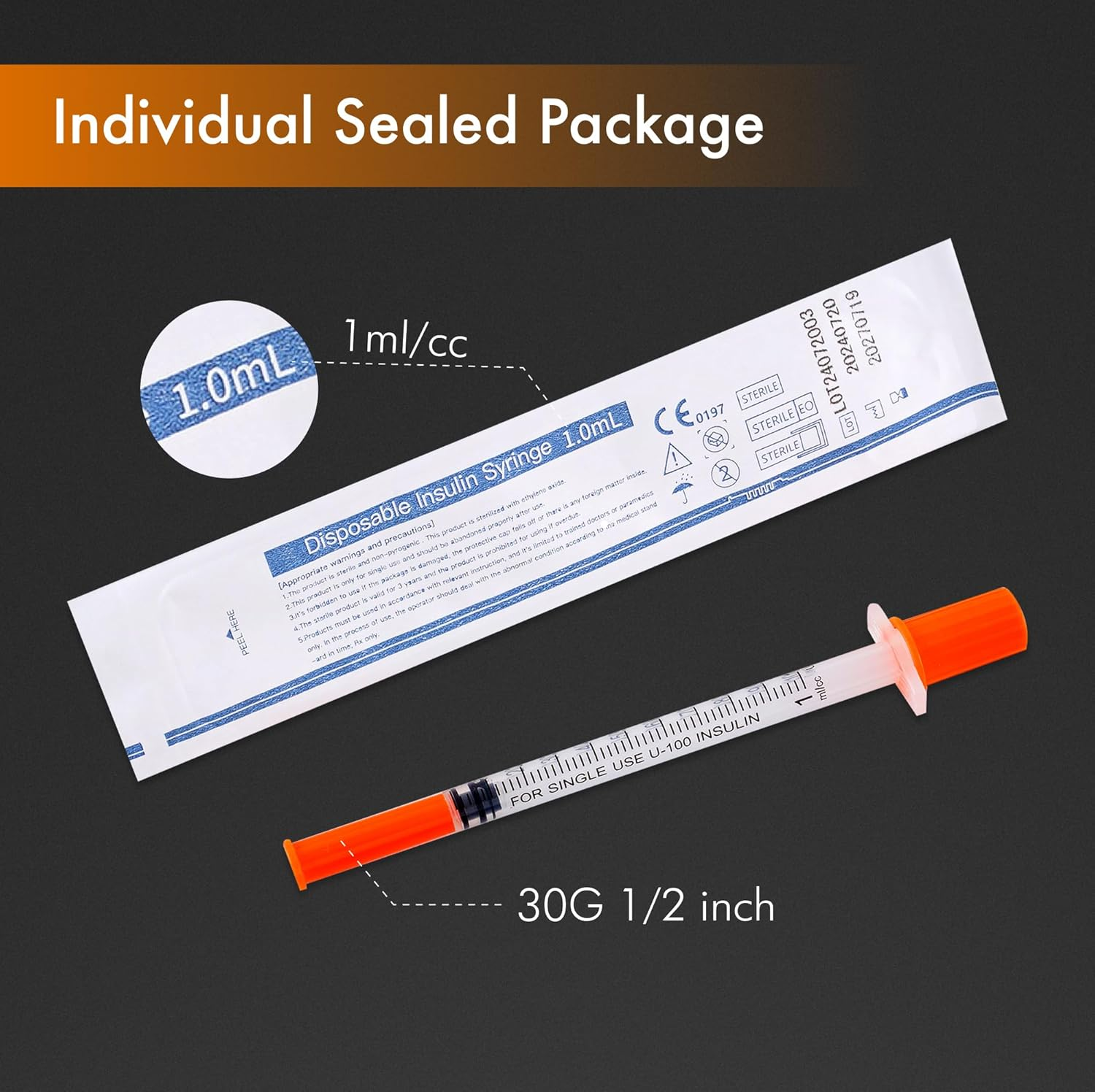 1Ml/Cc 30G 13Mm Syringes, Lab Dispensing Syringe, Individual Wrapped, Box of 50 image number 1