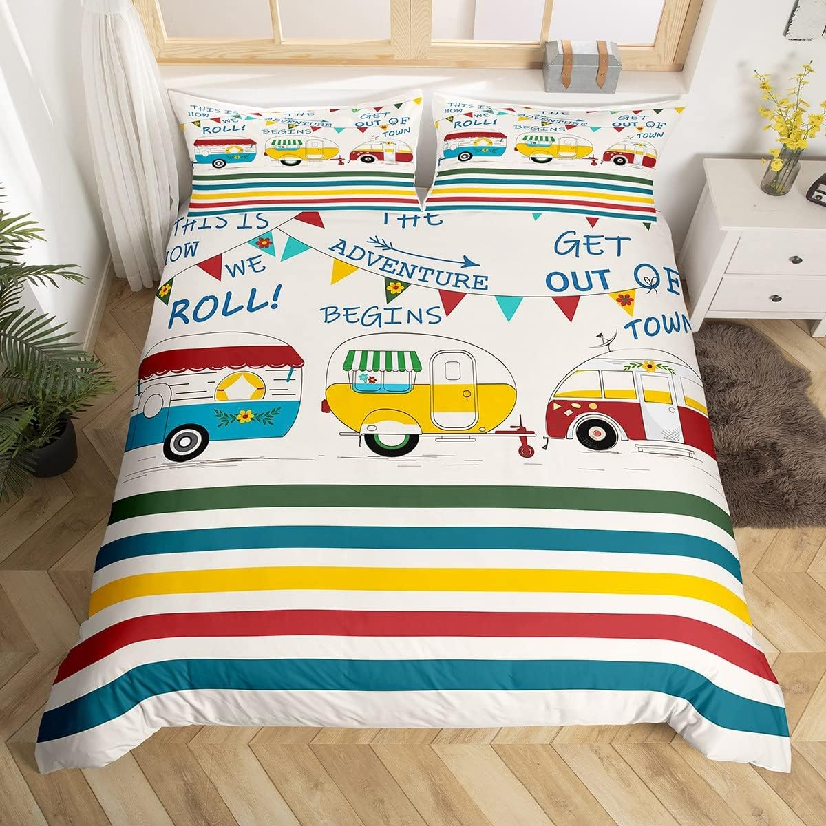 Camper Bedding Set 155 X 220 Cm for Children - Rustic Cabin Camping Duvet Cover, Colourful Striped in Country House Style - Vintage Wooden Board Happy Camping Decoration image number 6