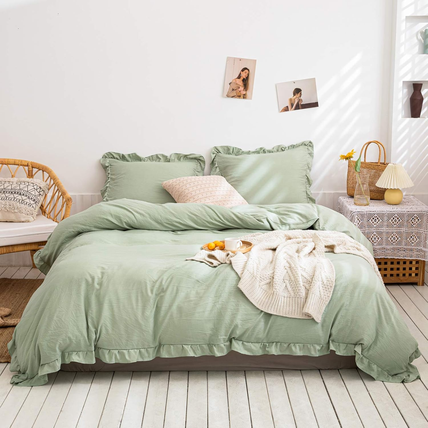 Merryword Shabby Ruffle Style Duvet Cover Queen Size Cute Sage Green Ruffled Bedding Set Soft Comfy Duvet Cover Set French Countryside Vintage Bedding (Queen, Sea Green) image number 2