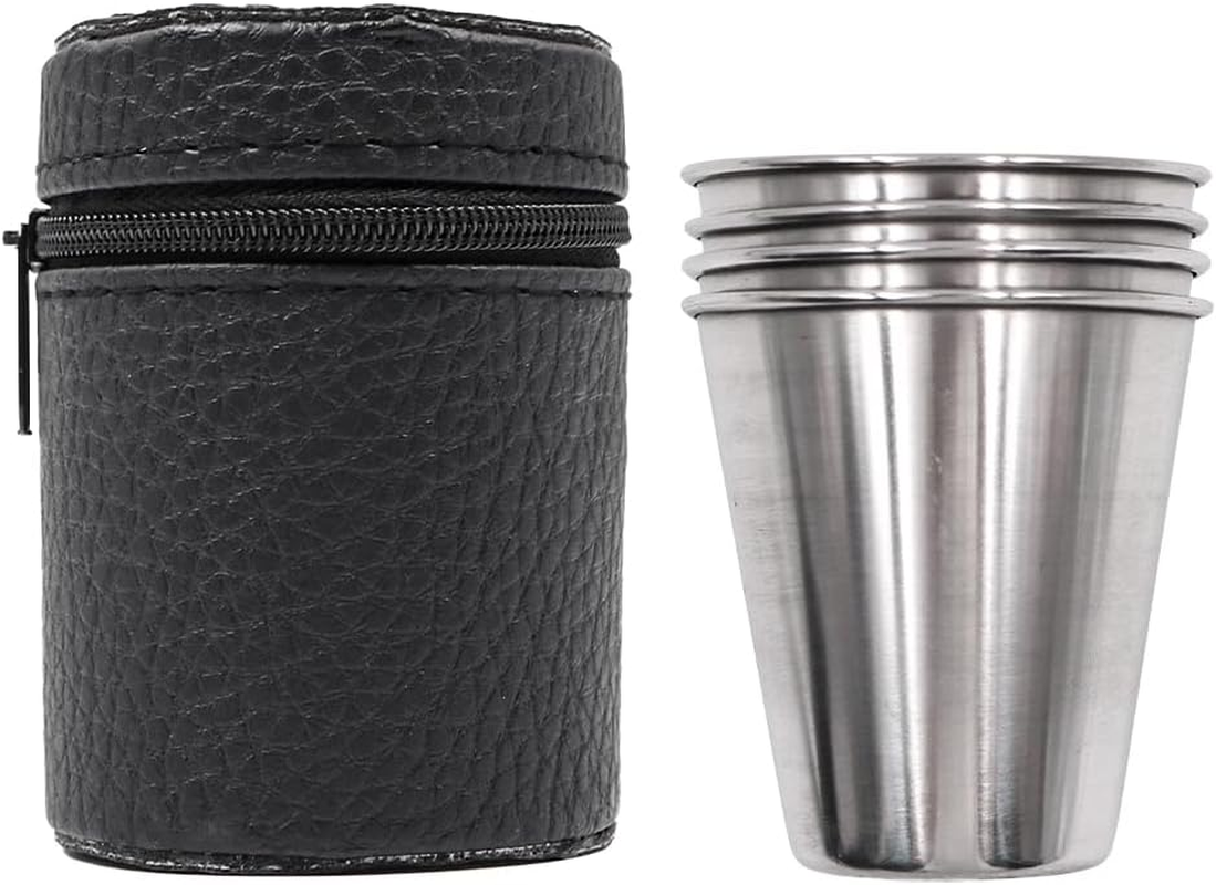 Set of 4 NUZAMAS Stainless Steel Shot Cups 70Ml Portable Wine Cups Drinking Vessel with Leather Carrying Case for Hiking Camping Travel Picnic