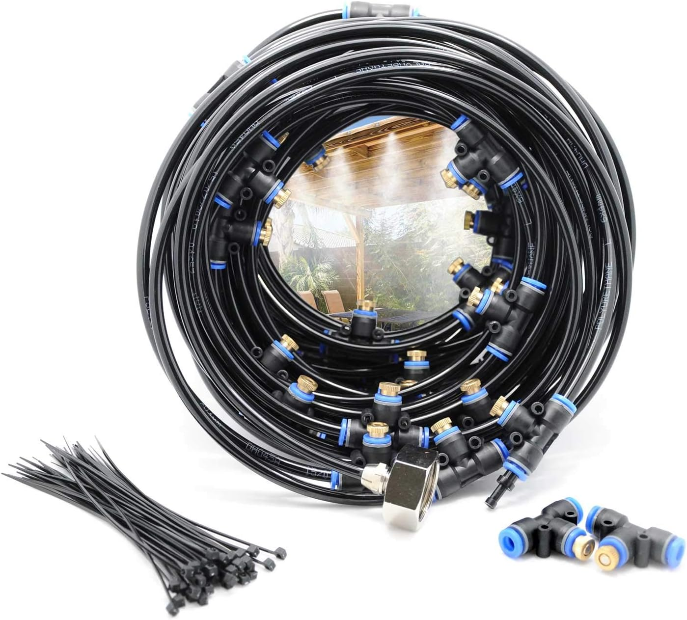 Misting Cooling System Kit 26.2FT(8M) Misting Line DIY Outdoor Mist Cooling Kit+11 Brass Nozzles Garden Misting Irrigation System for Garden Greenhouse, Flower Bed,Patio,Lawn image number 1