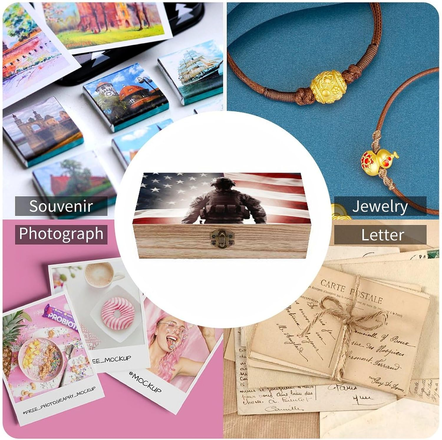 American Soldier Wooden Box Wood Wedding Keepsake Boxes with Lids Small Decorative Boxes Lightweight Wooden Memory Storage Box for Crafts Keepsakes Jewelry Photo Letter Storage image number 2