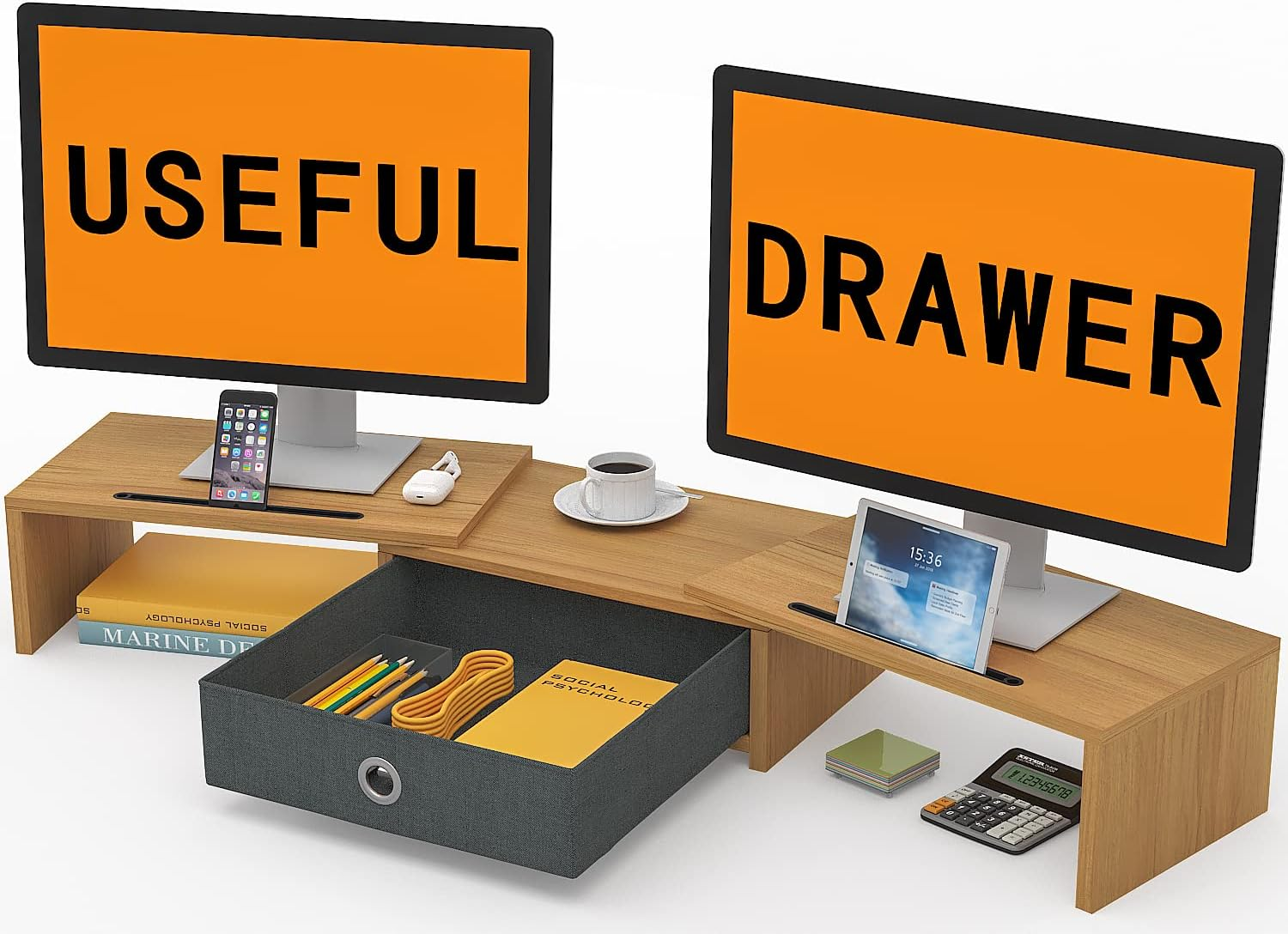 WESTREE Dual Monitor Stand with Drawer 3 Shelf Computer Monitor Riser, Desktop Stand Adjustable Length and Angle, Home Office Desk Accessories Supplies, White