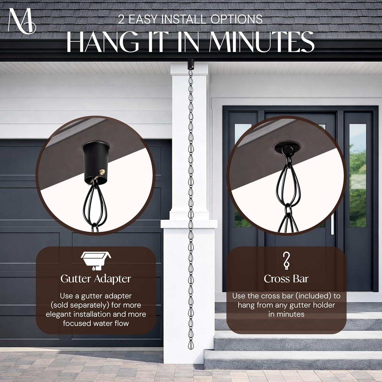 Monarch Rain Chains 17055 Aluminum Teardrop Rain Chain, 8-1/2 Feet Length Replacement Downspout for Gutters, Black Powder Coated image number 1