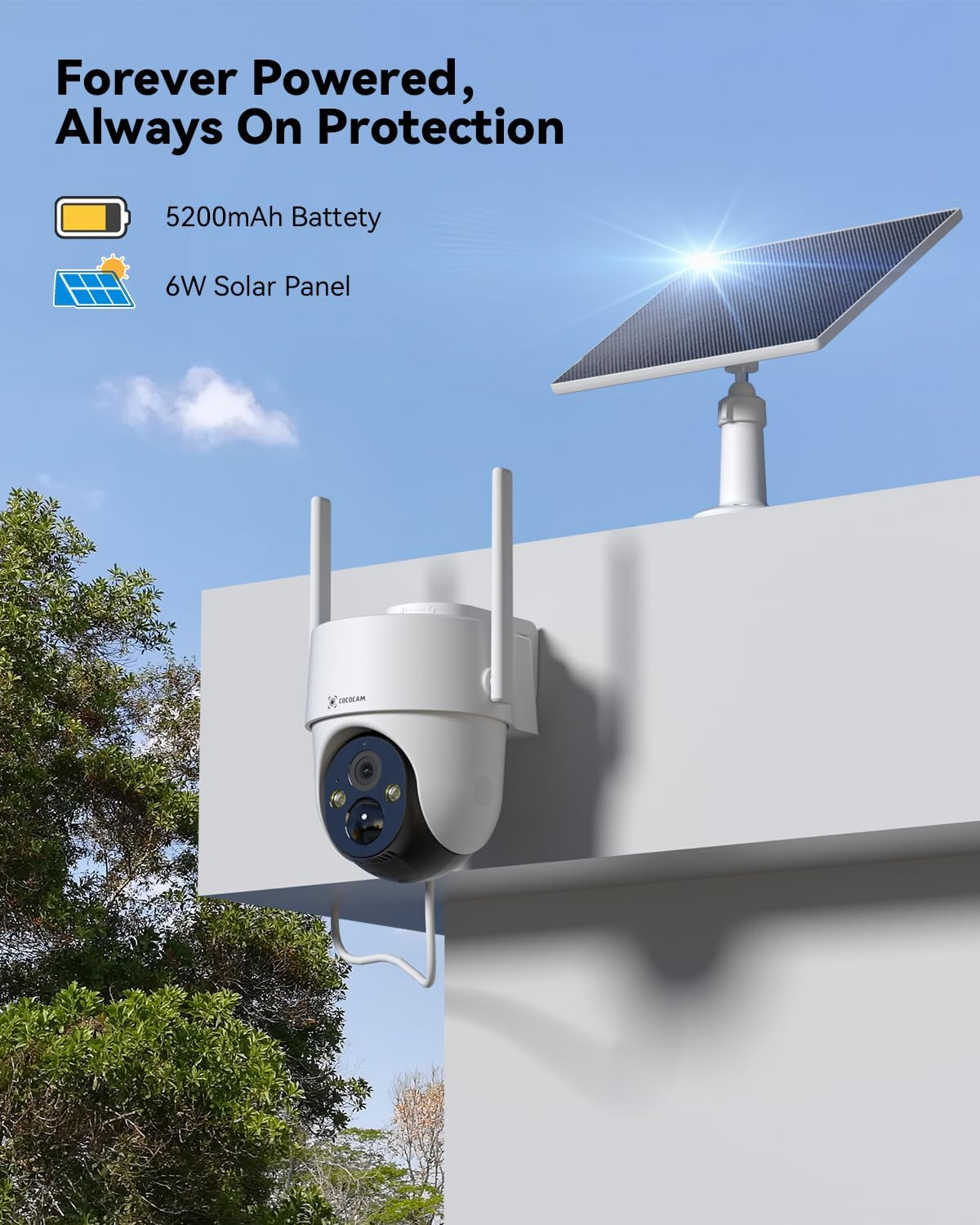 COCOCAM 4K 8MP Solar Security Camera Outdoor Wireless Wifi, with 6W Solar Panel,4K Color Night Vision,Ai Recognition,Pir Human Detection,355&deg; P 90&deg;T,Two-Way Audio,2.4Ghz Wifi,Cloud,Ip66