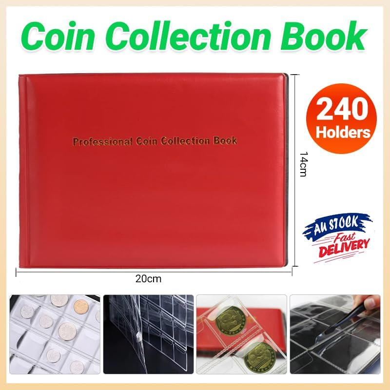 240 Coins Holder Collection Storage Collecting Penny Pocket Album Book RED AUS image number 5
