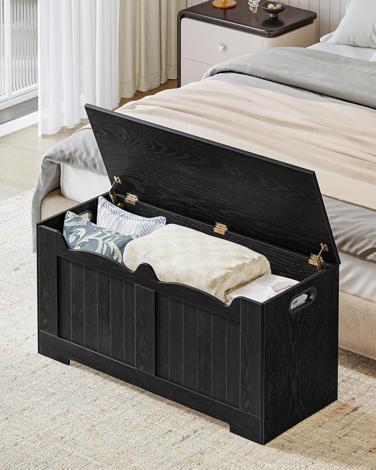 Hzuaneri 39.4" Storage Chest, Storage Bench Trunk with 2 Hinges,Wooden Box, Lift-Top Chest Organizer, Shoe Bench for Entryway, Bedroom, Living Room, Black SB01004X image number 6
