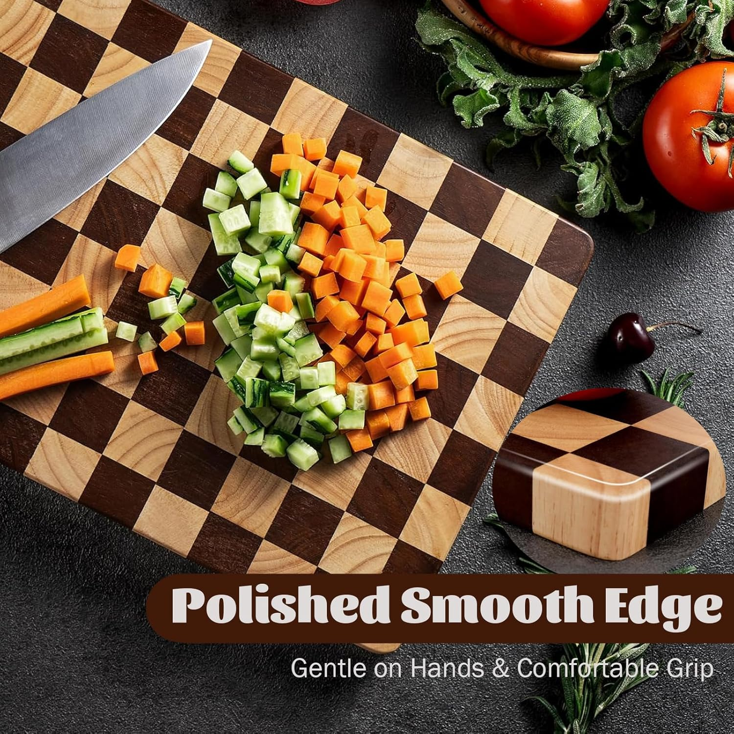 Acacia Wooden Chopping Board, Checkered Cutting Board, End Grain Cutting Boards for Kitchen, Butcher Block for Meat, Bread & Fruit, Charcuterie Board, 41 * 28 * 2.5CM image number 3