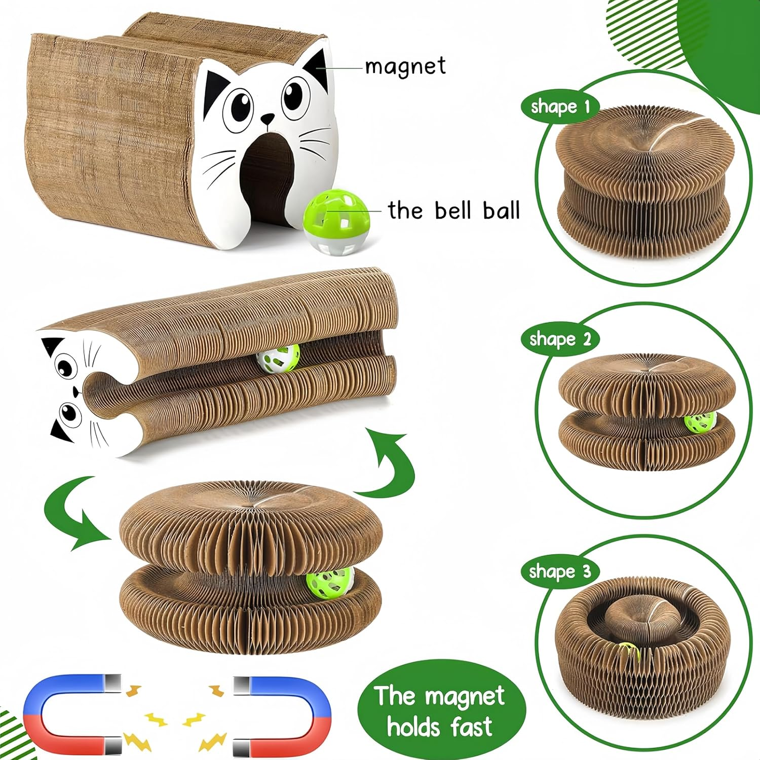 Febohao Cat Scratcher Board Post Portable Pet Interactive Cat Accordion Toy with Ball for Indoor Protect Sofa from Cat Scratching image number 5