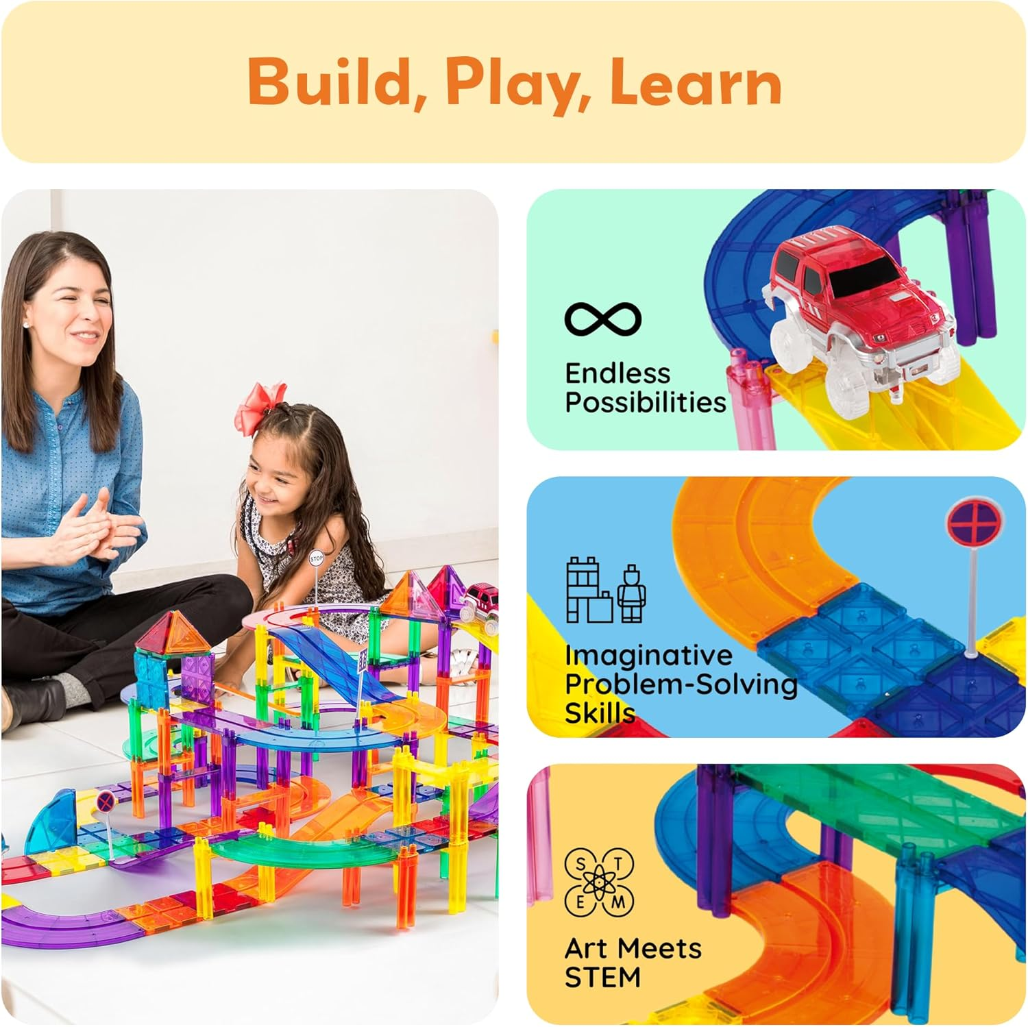 Picassotiles 50 Piece Race Car Track Building Block Educational Toy Set Magnetic Tiles Magnet DIY Playset 2 Light up Car STEM Learning Construction Kit Hand-Eye Coordination Fine Motor Skill Training