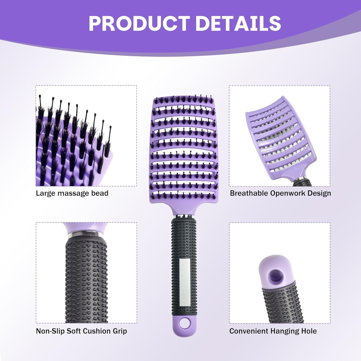 Ouqiesli 2 Pack Curved Vented Detangling Boar Bristle Hair Brush for Curly Hair - Wet & Dry Hair Brush with Scalp Massage, Unisex Ergonomic Design image number 5