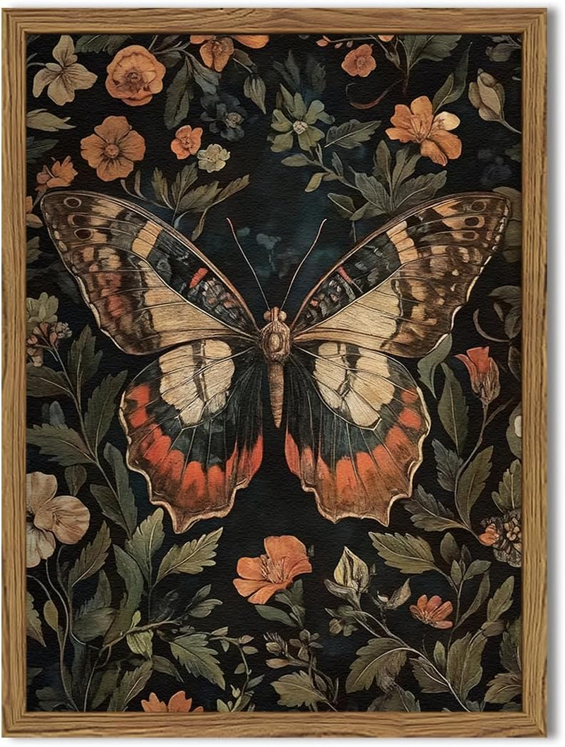 Framed 3D Textured Vintage Wall Art - Cottagecore Hand Drawn Sandstone Fox Paintings Wall Decor, Whimsical Forest Animal Floral Botanical Aesthetic for Bedroom Living Room Nursery 16X24 Inch