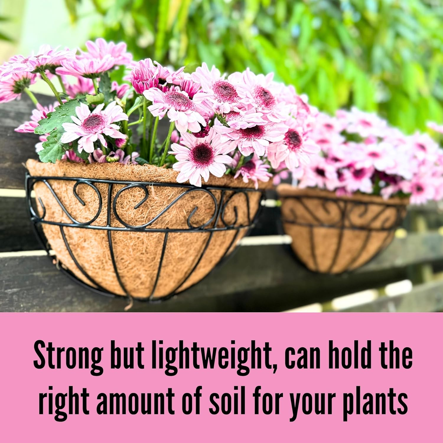 Lalagreen 16 Inch Wall Hanging Planters - 2 Pack, Large Wall Mounted Flower Basket with Coco Liner, Black Metal Horse Trough Window Herb Pot Holder Outdoor Plants Fence Rail Railing Deck Porch Balcony image number 6