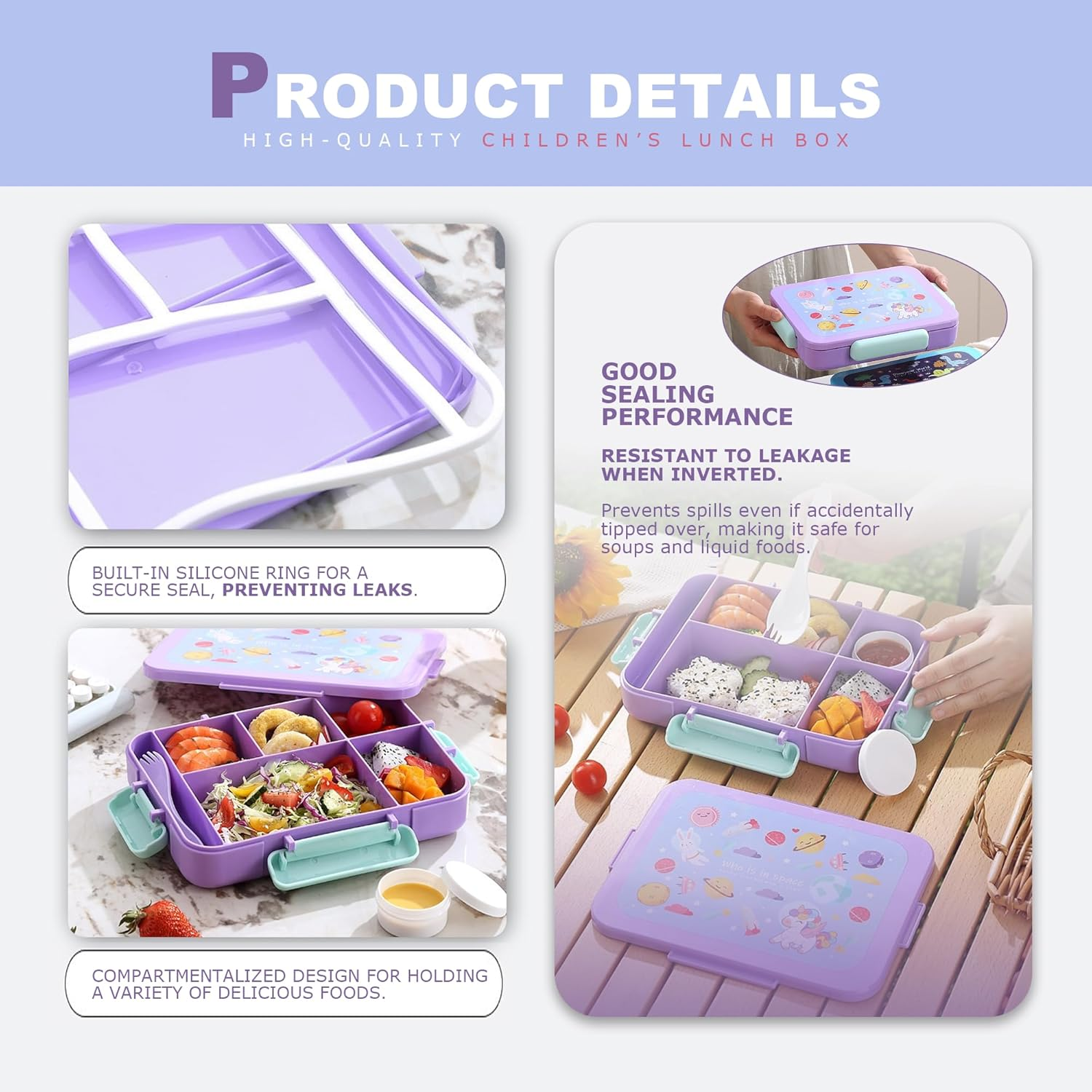 STRONGBERRY Kids Lunch Box, Healthy and Microwave - Safe, Dinosaur Parade, Purple Unicorn, Brown Bear Designs (Purple Unicorn)