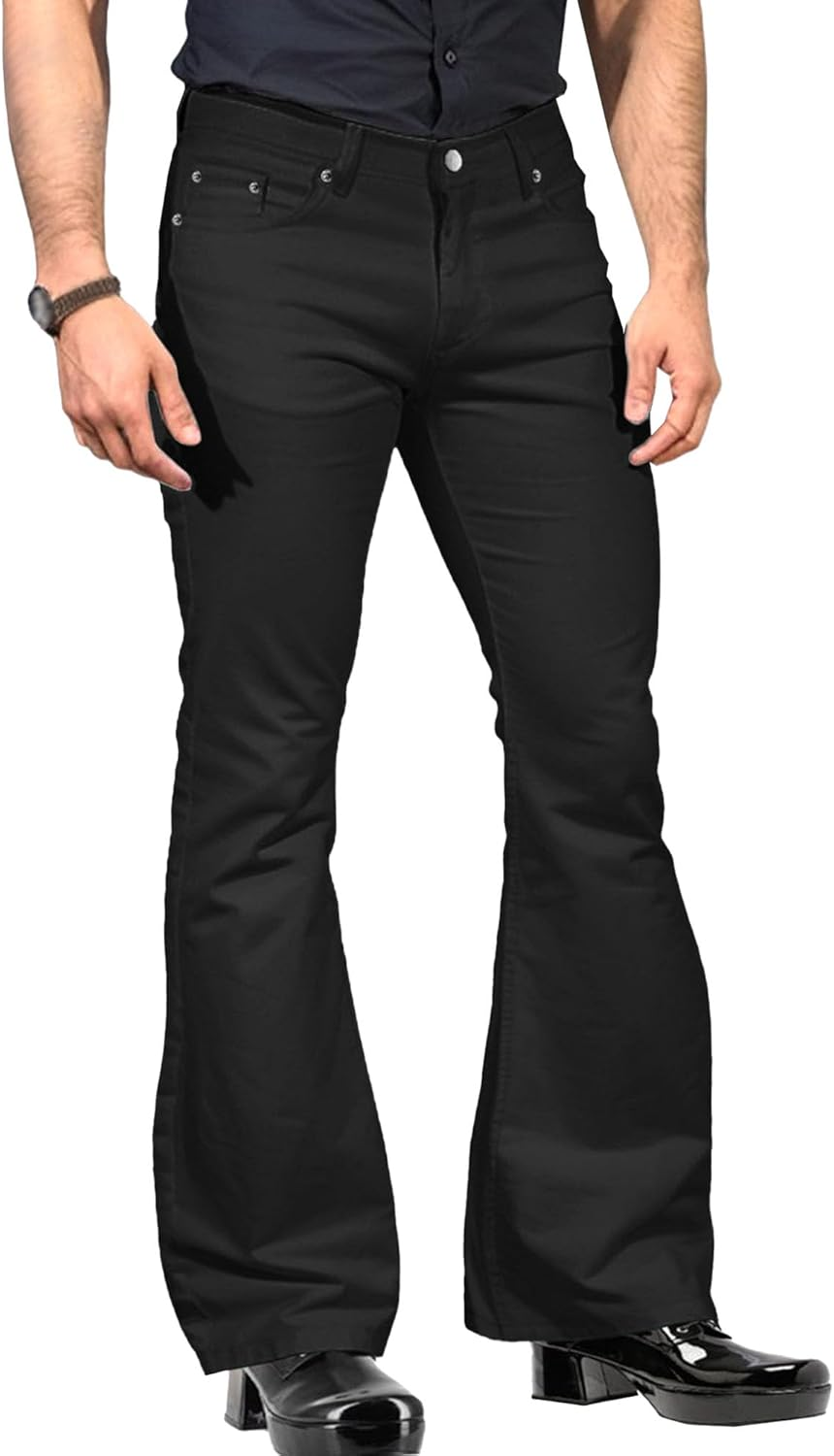 Mens Casual Bell Bottom Jeans Relaxed Stretch Flared Fit Male Jean Pant Classic Retro Disco Denim Pants, Black, Medium, Black, Medium image number 2