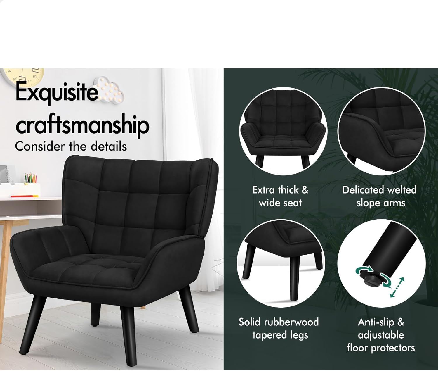 ALFORDSON Velvet Armchair Accent Chair Venus Series with Solid Wooden Legs, Nursing Chair Lounge Sofa for Reading Bedroom Living Dressing Room, Max 180Kg, Black image number 4