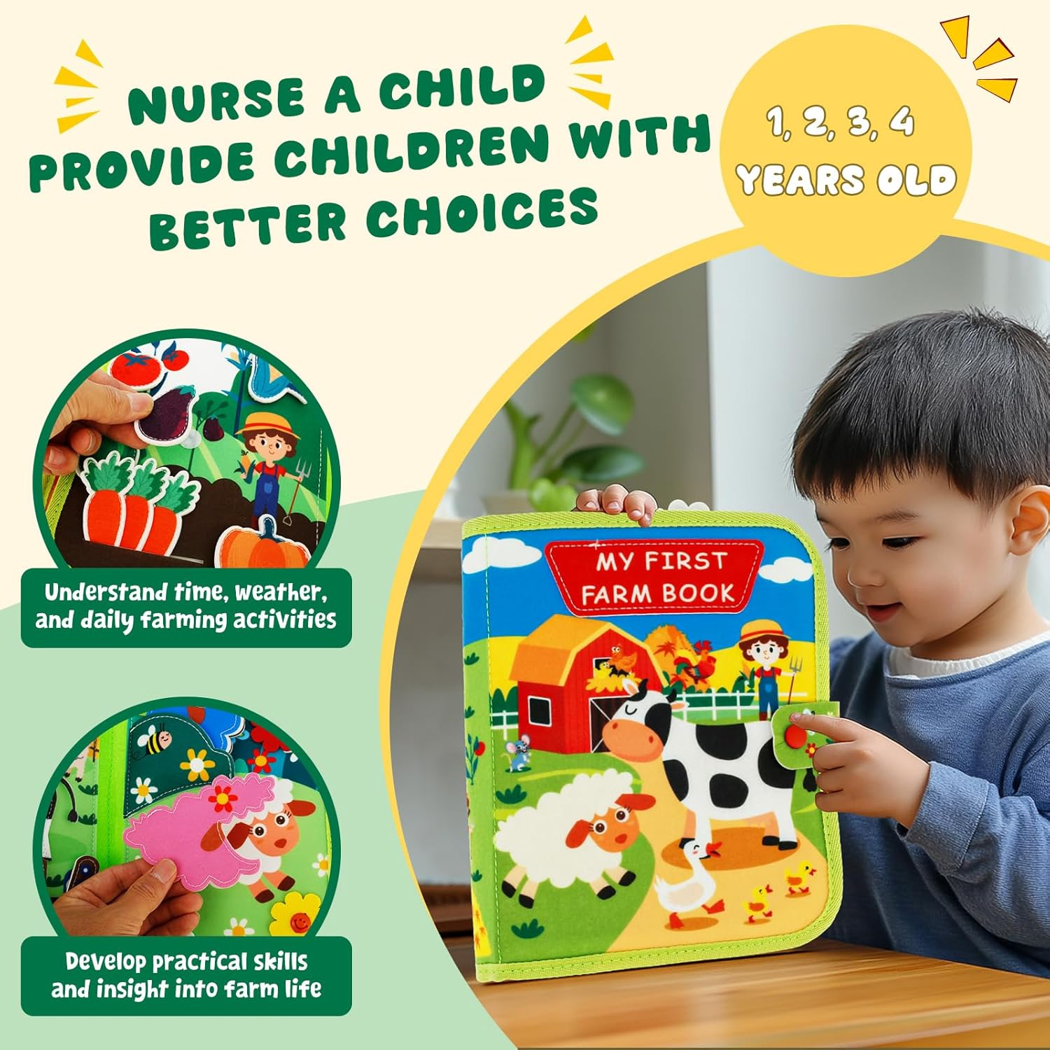 Busy Board Montessori Toys for Toddlers 3+ Year Old Soft Felt Books Educational Sensory Development Farm Theme Travel Quiet Book for Boys Girls (Farm) image number 5