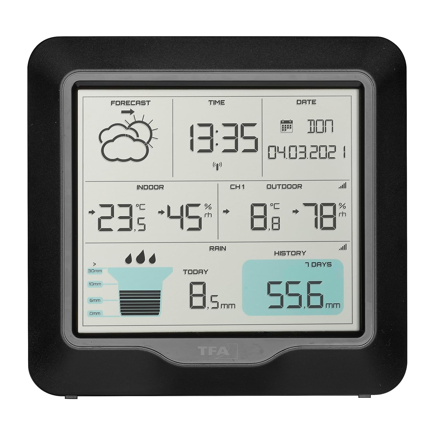 TFA Dostmann RAIN Pro 35.1160.01 Wireless Weather Station with Rain Gauge and Outdoor Sensor, Weather Forecast, Indoor/Outdoor Temperature, Humidity, Adjustable Alarm Conditions, Black image number 3