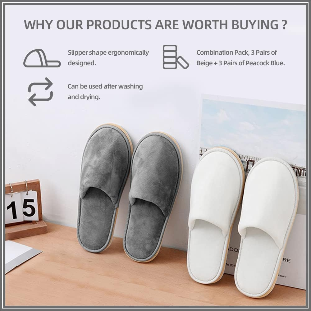 6 Pairs Spa Slippers, Washable & Reusable Closed Toe Disposable Indoor Hotel Slippers, Soft Home Coral Fleece Slipper,Super Soft Crystal Velvet, Padded Sole for Comfort- for Guests, Hotel, Travel ,Wedding - Blue+Cream 12Pairs image number 6