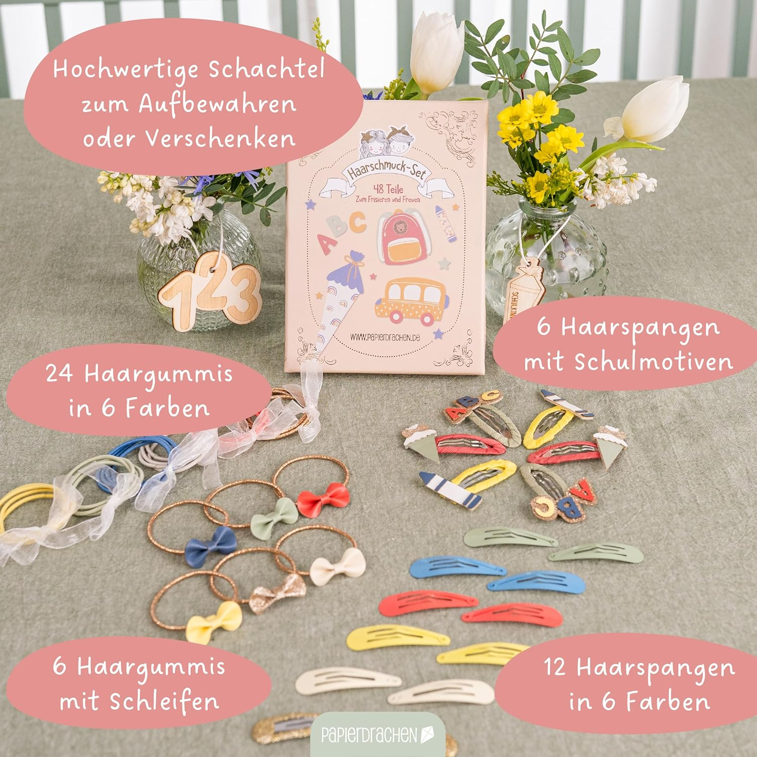 Papierdrachen Hair Accessories Set - Perfect for Starting School - 48 Hair Clips and Hair Bobbles in Many Colours - Children'S Sparrow with Glitter and Fabric Cover - School Pastel - Set of 13 image number 6
