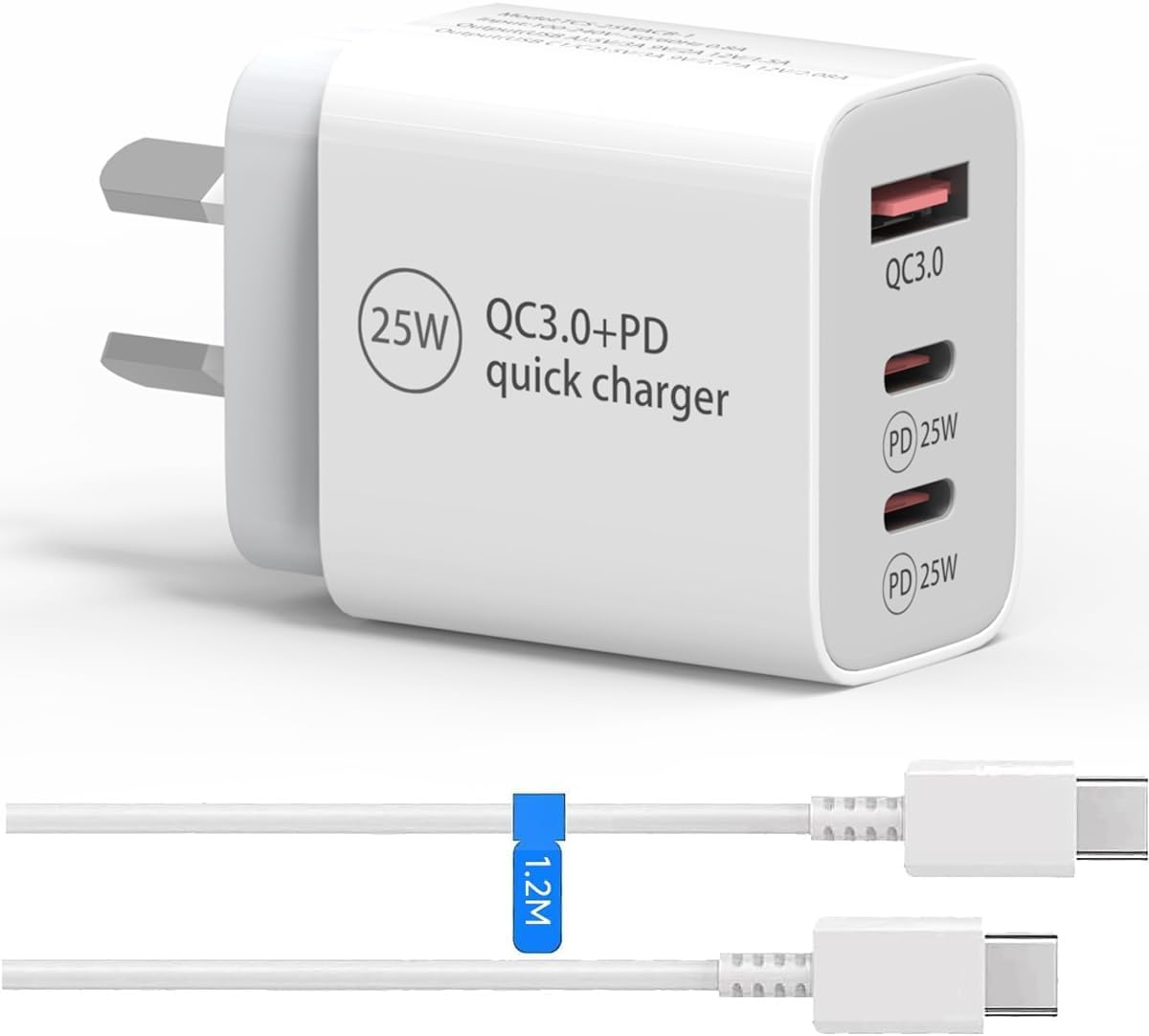 USB C Fast Charger, 25W USB C Charging Block Dual USB C+ QC3.0 Wall Plug Android Phone Block Type C Cube for Iphone 16 15/15 Pro/15 Pro Max, Ipad/Samsung/Google/Galaxy/More with 1.2M Cable