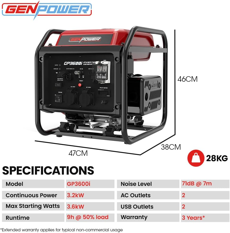 GENPOWER 3.6Kw Peak 3.2Kw Open Frame Inverter Generator RCD Petrol Site Portable image number 6