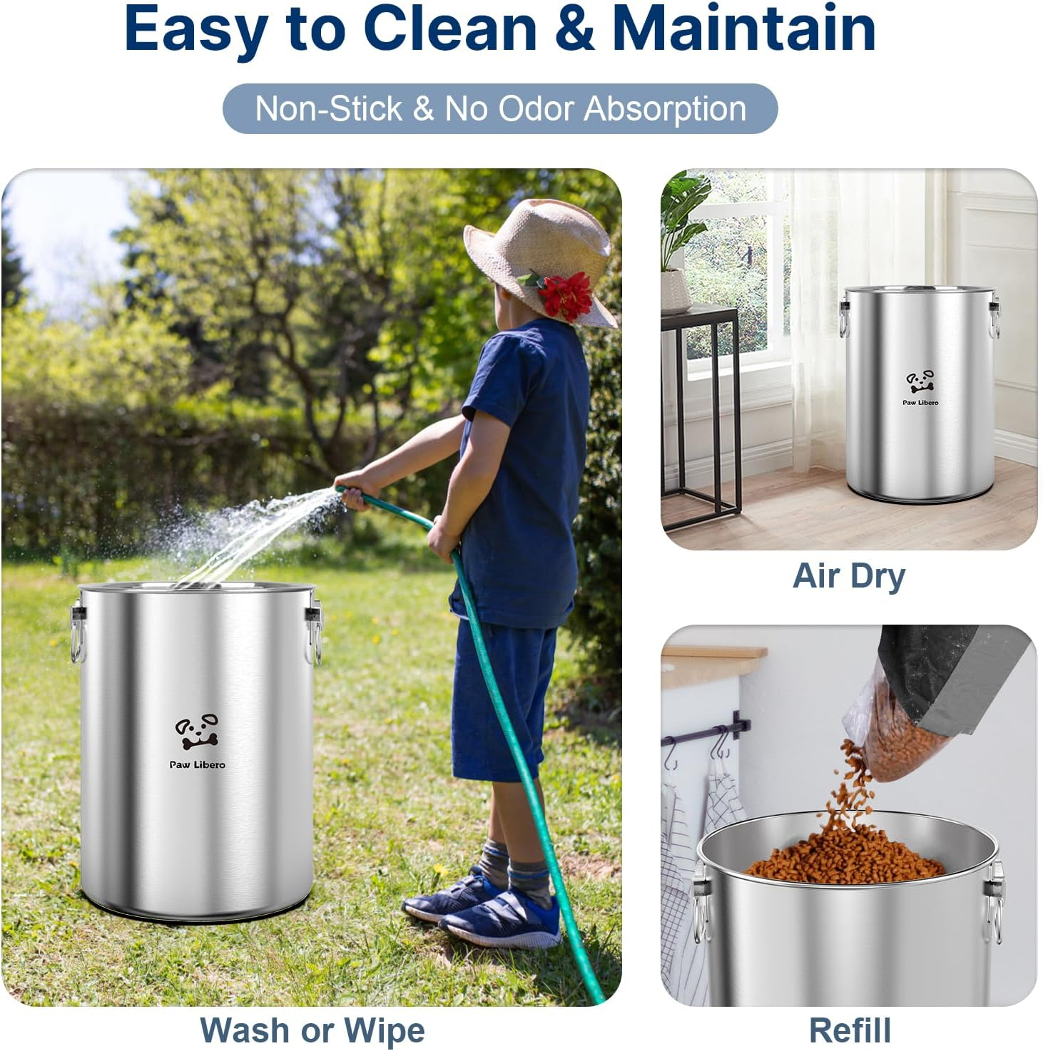 2PK 25 Lbs Total 50 Lbs Stainless Steel Dog Food Storage Container with Airtight Wooden Lid & Ceramic Bone Handle, Large Metal Dog Food Bin for Dogs & Cats, Keep Fresh, Easy to Clean image number 1