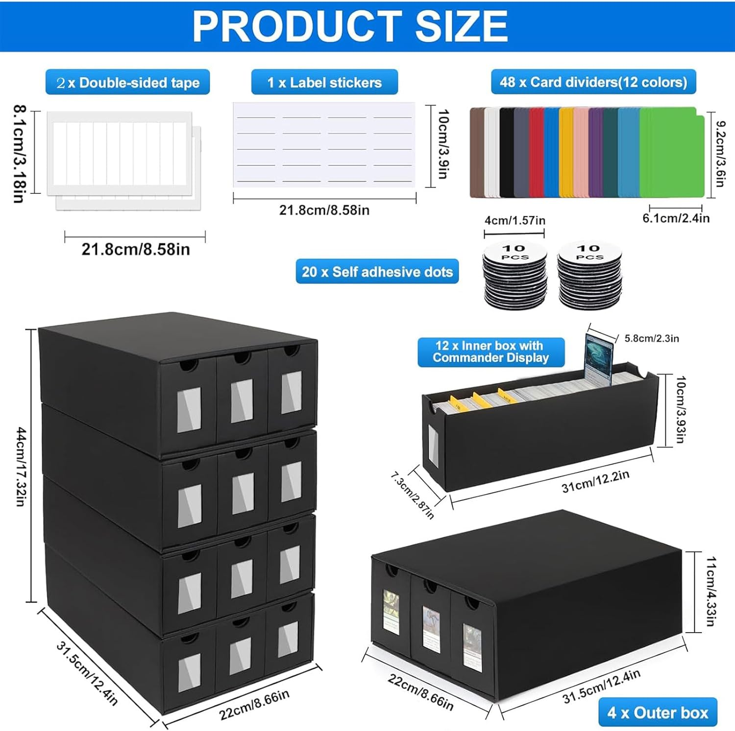 Trading Card Storage Box,12000+ Commander Display, Cards Deck Box Cardboard with 48 Dividers, Labels & Tapes, Trading Card Collection Box Fit for TCG, PTCG, MTG and Sport (12-600 CT Boxes)