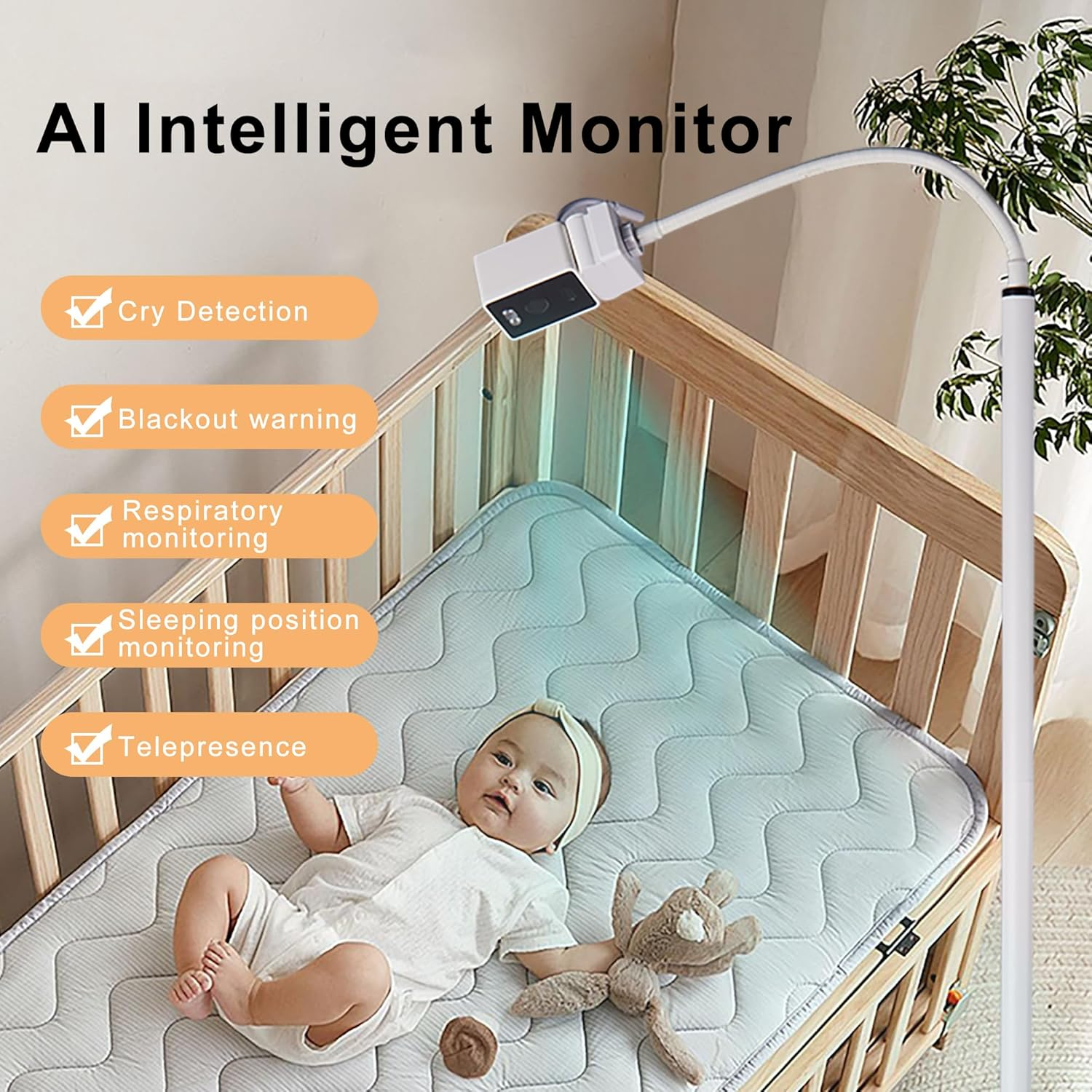 Lfcforldx Pro Smart Baby Monitor & Flex Stand - 1080P Wi-Fi Video Camera, Sensor-Free Sleep & Breathing Motion Tracker, 2-Way Audio, Sound/Motion/Cry Alerts, Night Vision, and Breathing Band