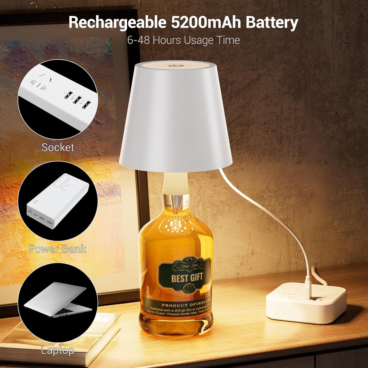 Nulmvic 2 Pack Wireless Bottle Lamp Shade - Portable LED Wine Bottle Lamp with Stopper, 3 Color Stepless Dimming Rechargeable Touch Wine Bottle Lights for Any Liquor Bottle Bars Restaurants-White image number 3