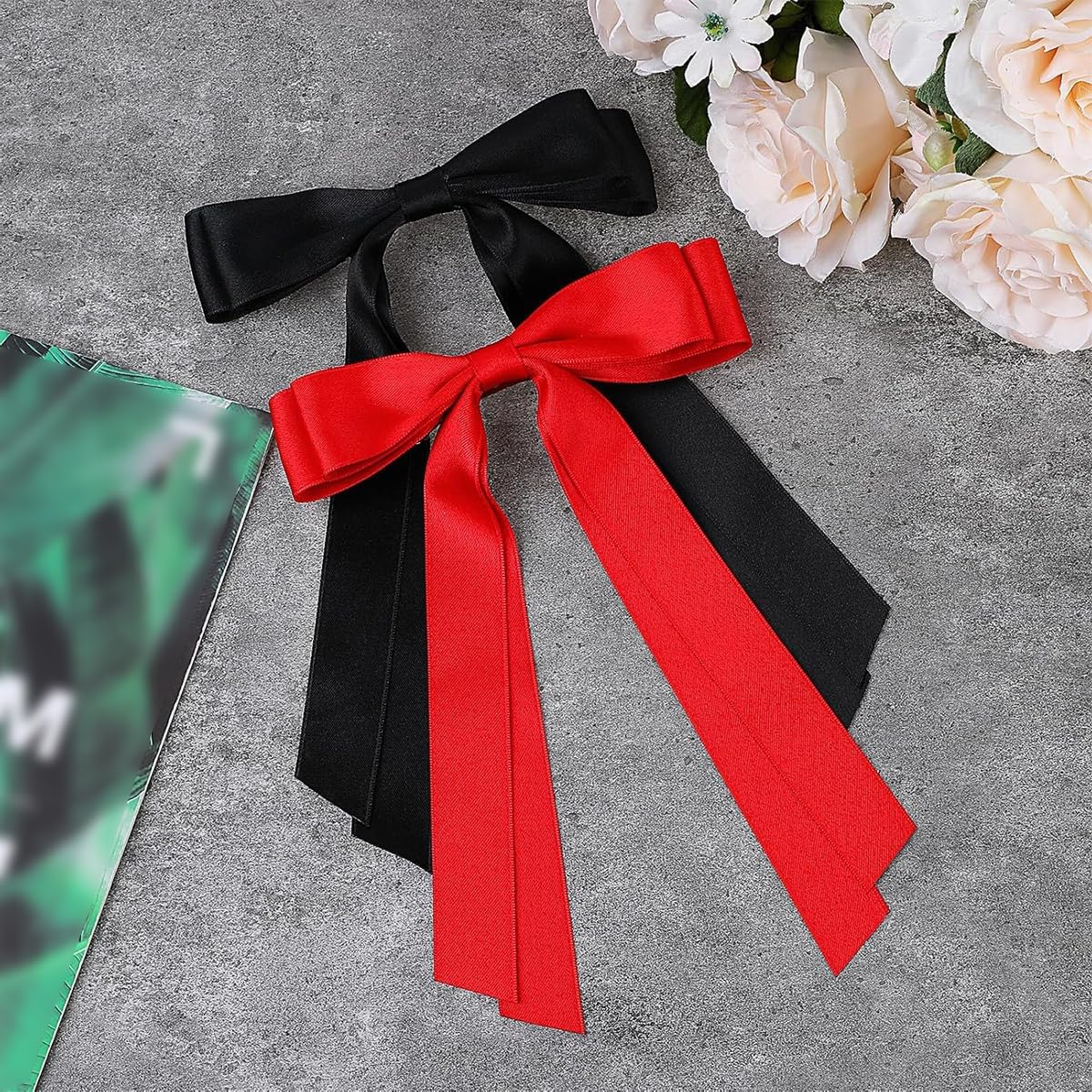 Enwye 2 Black and Red Silk Satin Hair Accessories with Hair Clips for Braids, Ponytails or Clothes image number 5