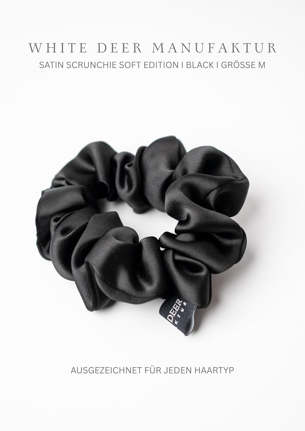 WHITE DEER MANUFAKTUR Scrunchie Soft Edition - Premium Satin Scrunchie in Black, Medium for Normal Hair - Comes with Organza Pouch image number 1