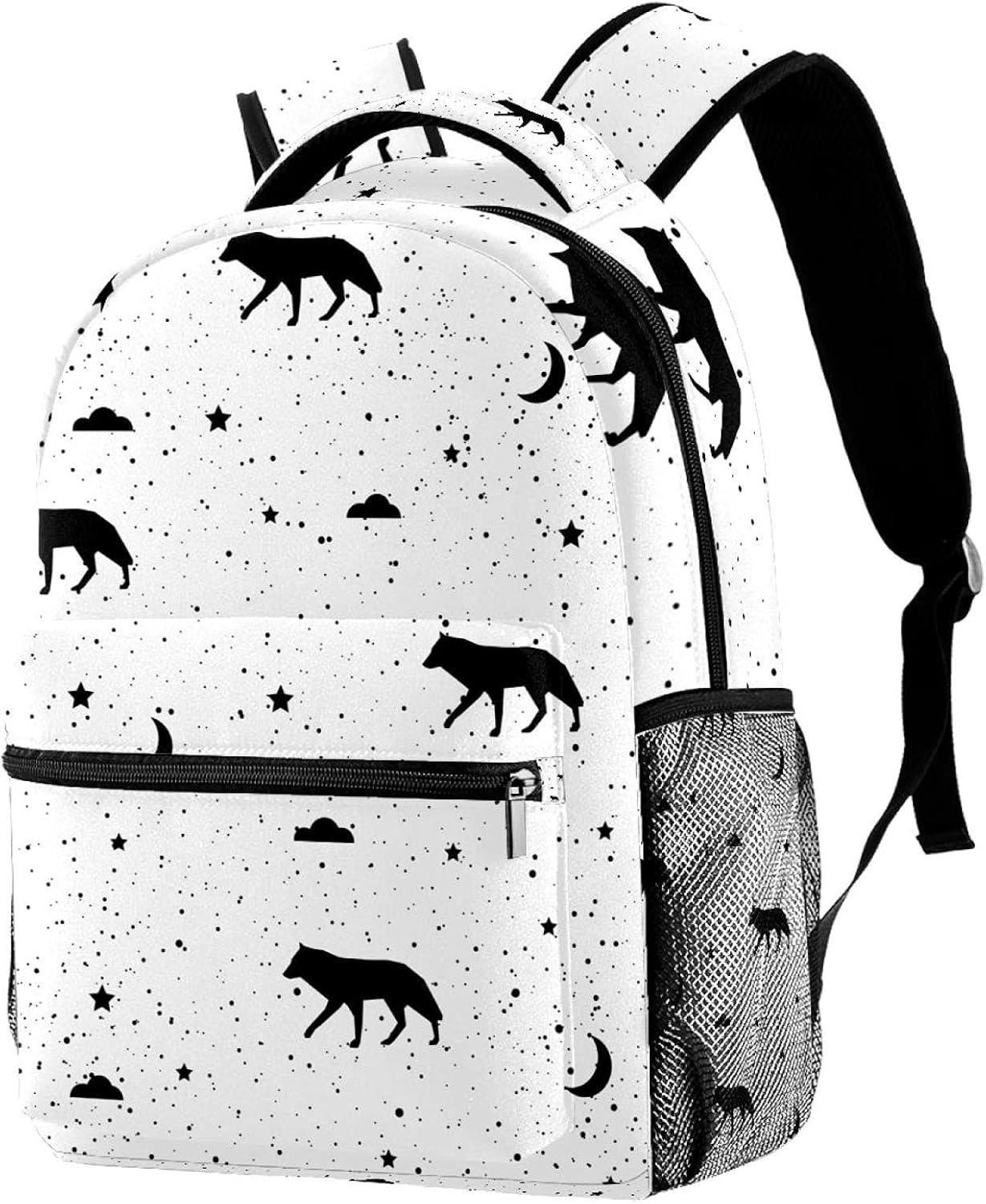 Monochrome Black and White Wolf Patten Backpack Students Shoulder Bags Travel Bag College School Tote Backpacks image number 4